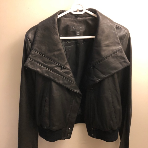 Black Leather Jacket with Oversized Moto Collar - Picture 4 of 8